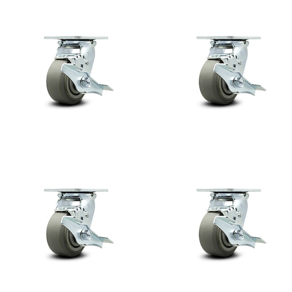 4 Inch Thermoplastic Rubber Caster Set with Roller Bearing and Brake/Swivel Lock